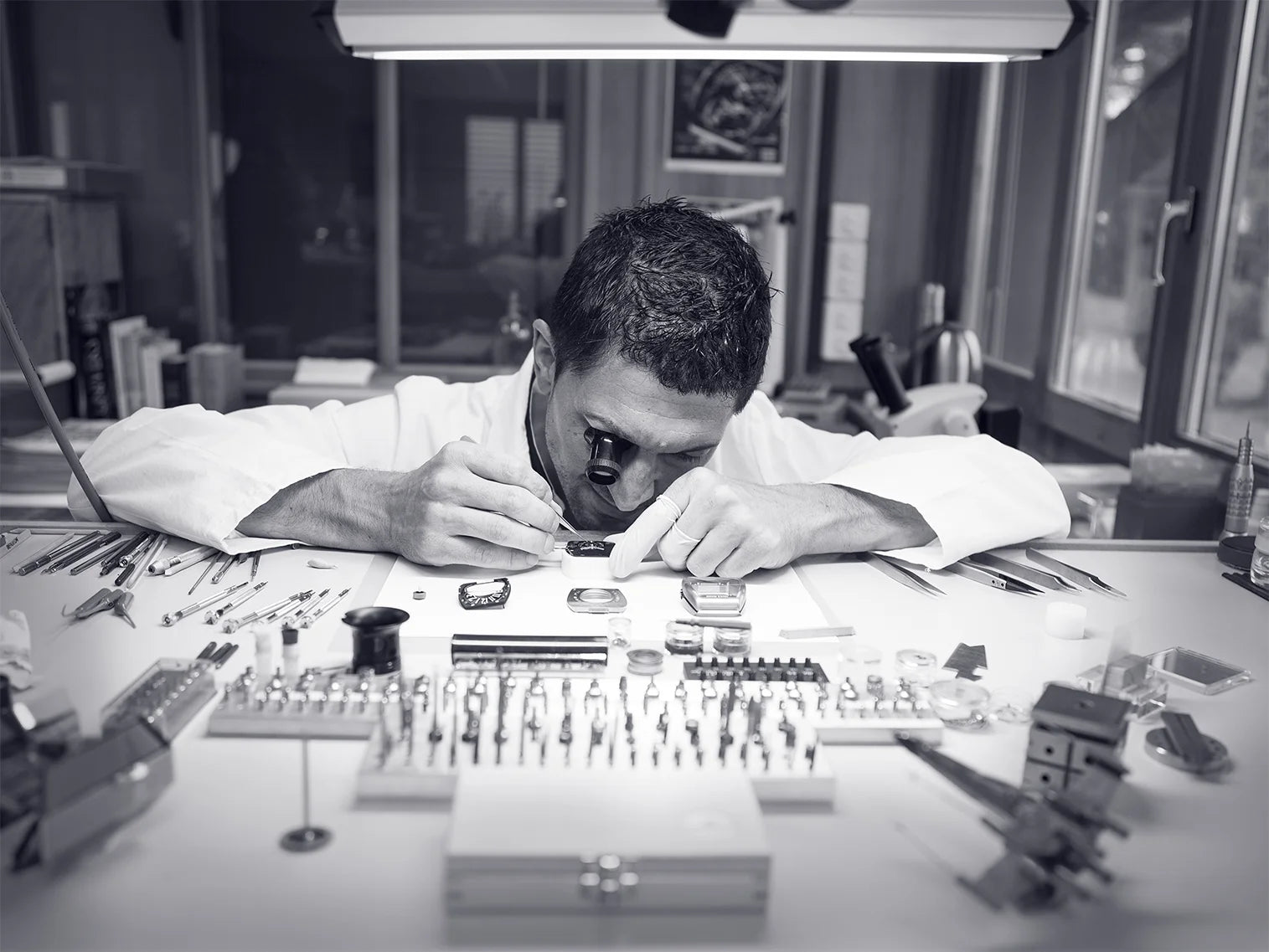 Swiss watchmaker at work in the Franck Muller atelier